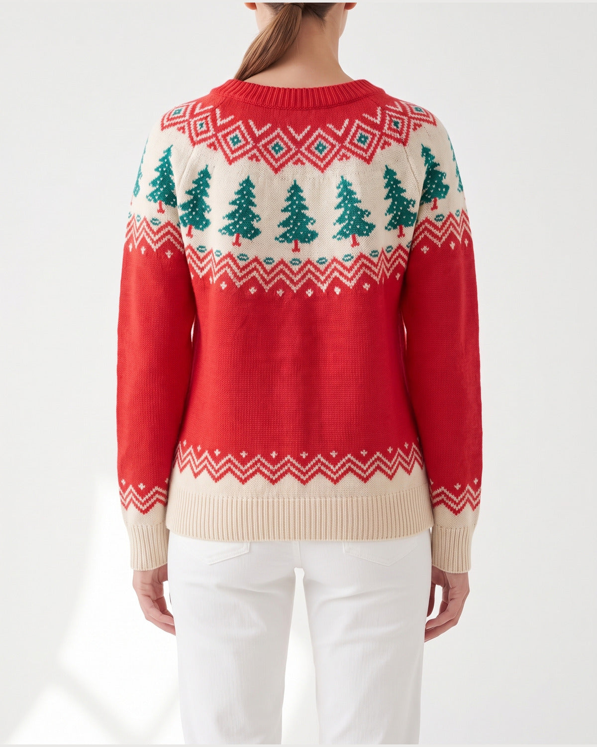 Red Christmas Tree Fair Isle Sweater With Crew Neck - back view (Red With Cream And Green Yoke)