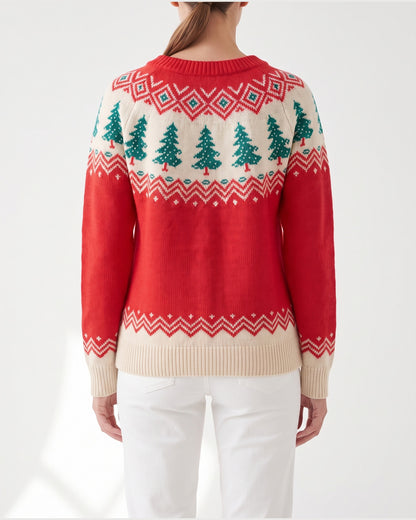 Red Christmas Tree Fair Isle Sweater With Crew Neck - back view (Red With Cream And Green Yoke)