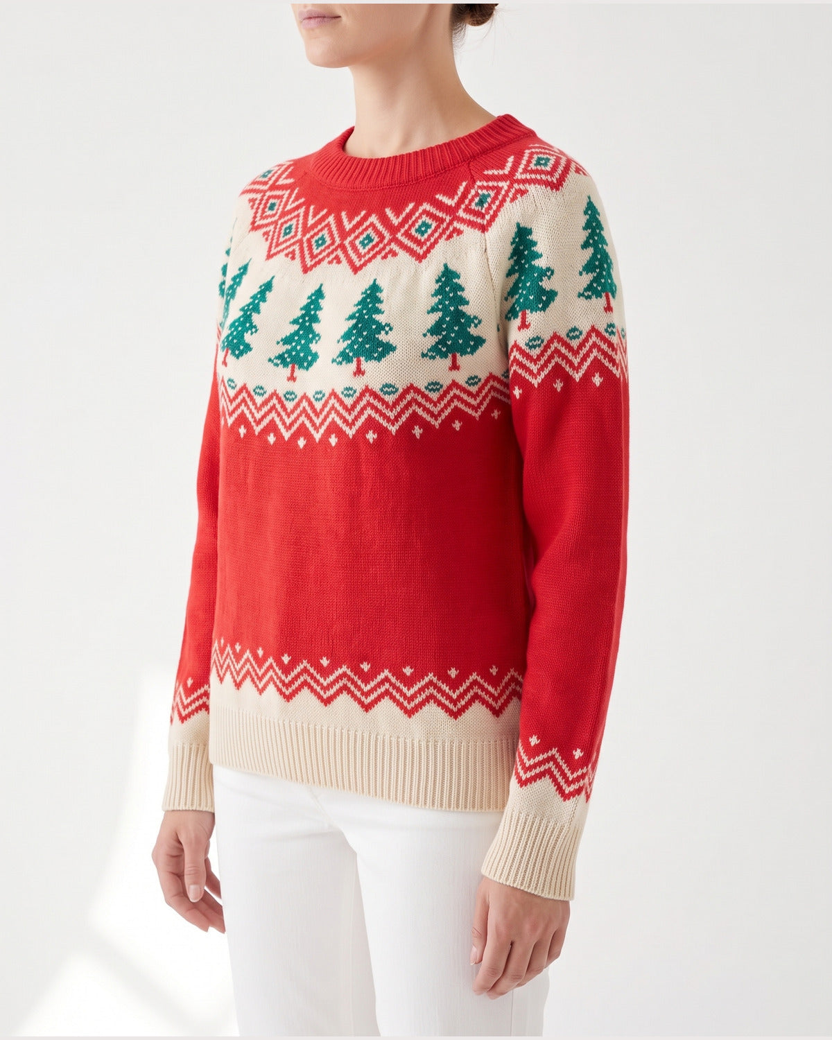 Red Christmas Tree Fair Isle Sweater With Crew Neck - side view (Red With Cream And Green Yoke)