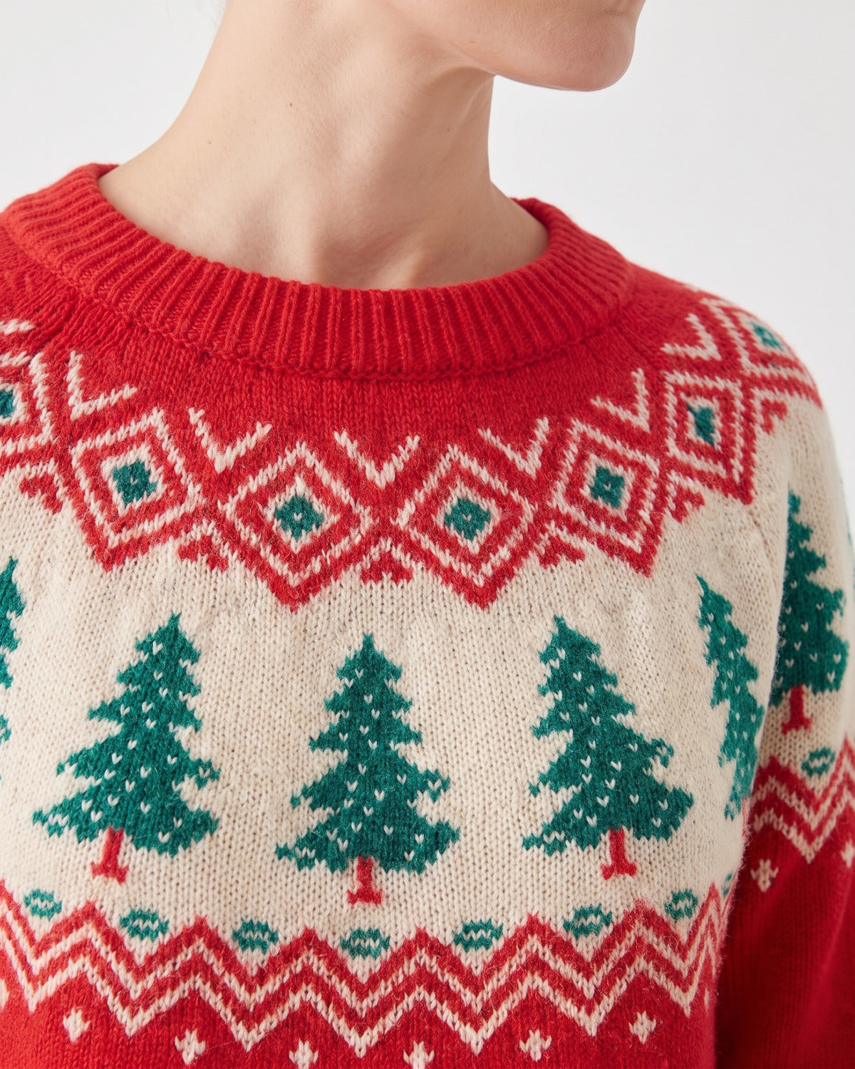 Red Christmas Tree Fair Isle Sweater With Crew Neck - close-up detail (Red With Cream And Green Yoke)