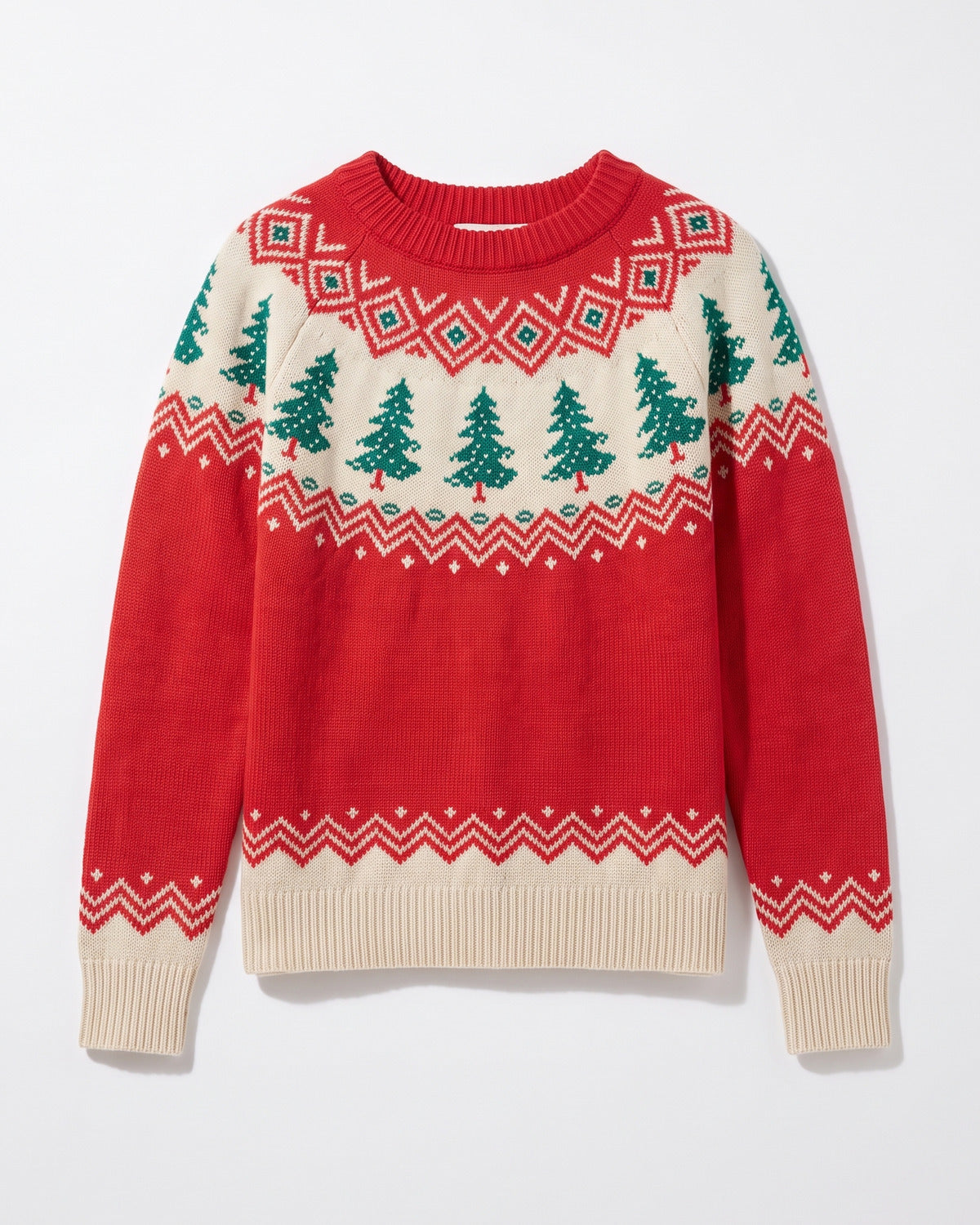 Red Christmas Tree Fair Isle Sweater With Crew Neck - flat lay (Red With Cream And Green Yoke)