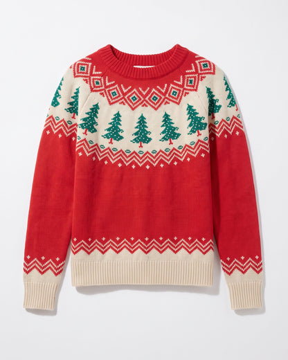 Red Christmas Tree Fair Isle Sweater With Crew Neck - flat lay (Red With Cream And Green Yoke)