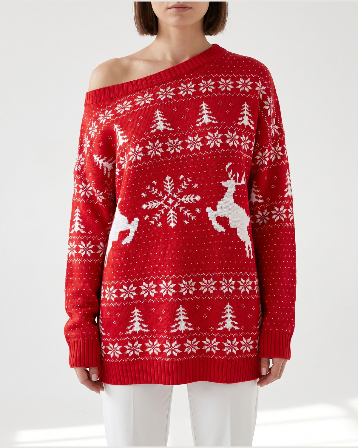 Reindeer Fair Isle Christmas Sweater Dress With Off Shoulder Neckline in Red With White Pattern