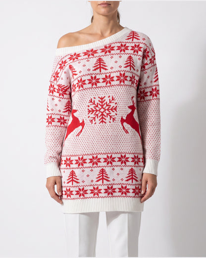 Reindeer Fair Isle Christmas Sweater Dress With Off Shoulder Neckline in White With Red Pattern