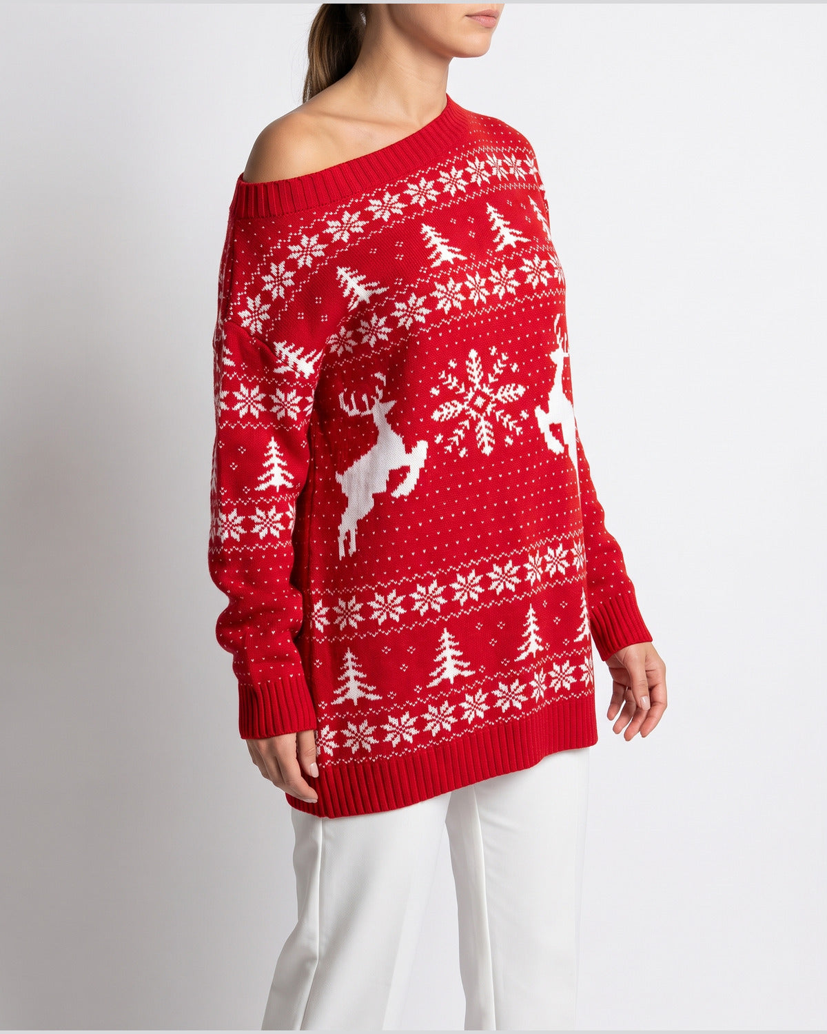 Reindeer Fair Isle Christmas Sweater Dress With Off Shoulder Neckline - side view (Red With White Pattern)