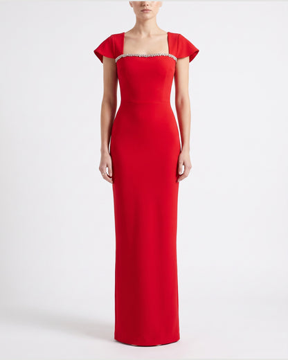 Rhinestone Square Neck Formal Maxi Dress With Cap Sleeves in Red