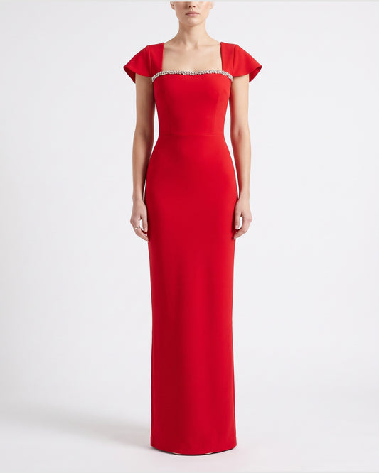 Rhinestone Square Neck Formal Maxi Dress With Cap Sleeves in Red