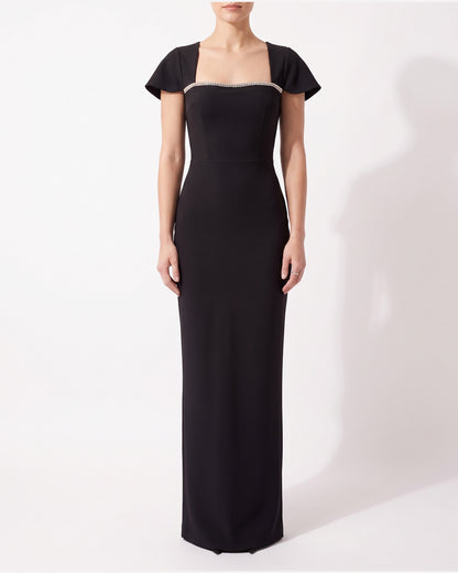 Rhinestone Square Neck Formal Maxi Dress With Cap Sleeves in Black
