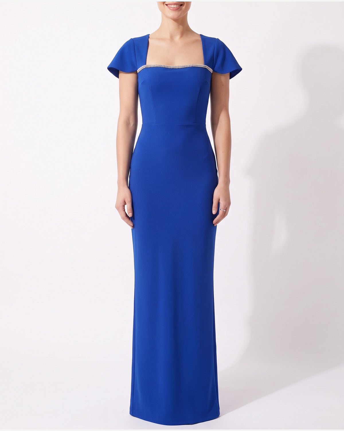 Rhinestone Square Neck Formal Maxi Dress With Cap Sleeves in Royal Blue