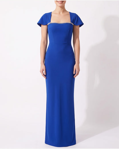 Rhinestone Square Neck Formal Maxi Dress With Cap Sleeves in Royal Blue