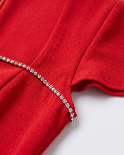Rhinestone Square Neck Formal Maxi Dress With Cap Sleeves - close-up detail (Red)