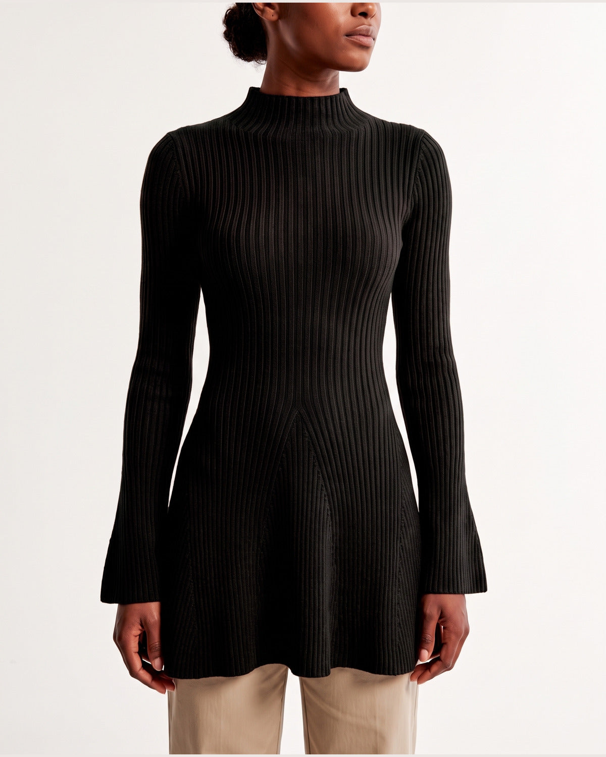 Ribbed A-Line Sweater Dress With Long Flare Sleeves in Black
