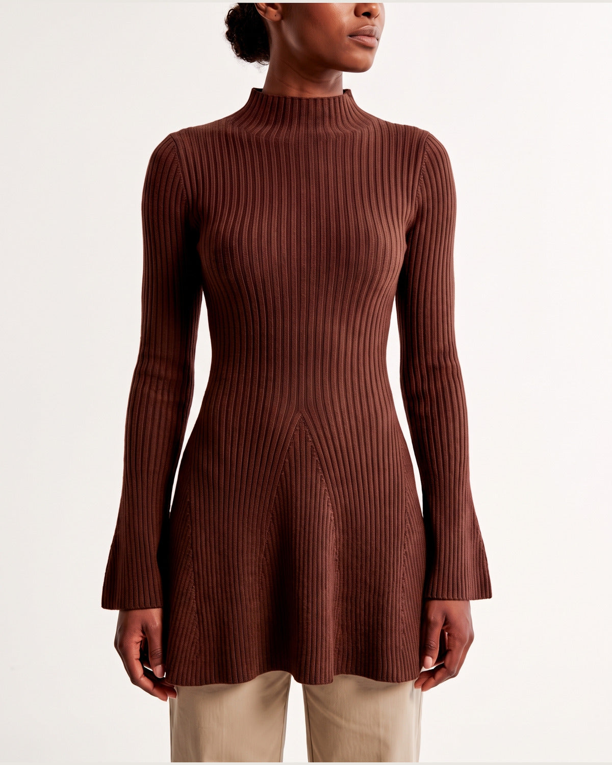 Ribbed A-Line Sweater Dress With Long Flare Sleeves in Coffee Brown