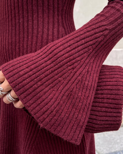 Ribbed A-Line Sweater Dress With Long Flare Sleeves - close-up detail (Burgundy)