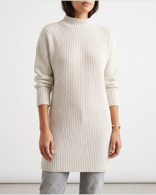 Ribbed Mock Neck Long Sleeve Sweater Dress in Off-white