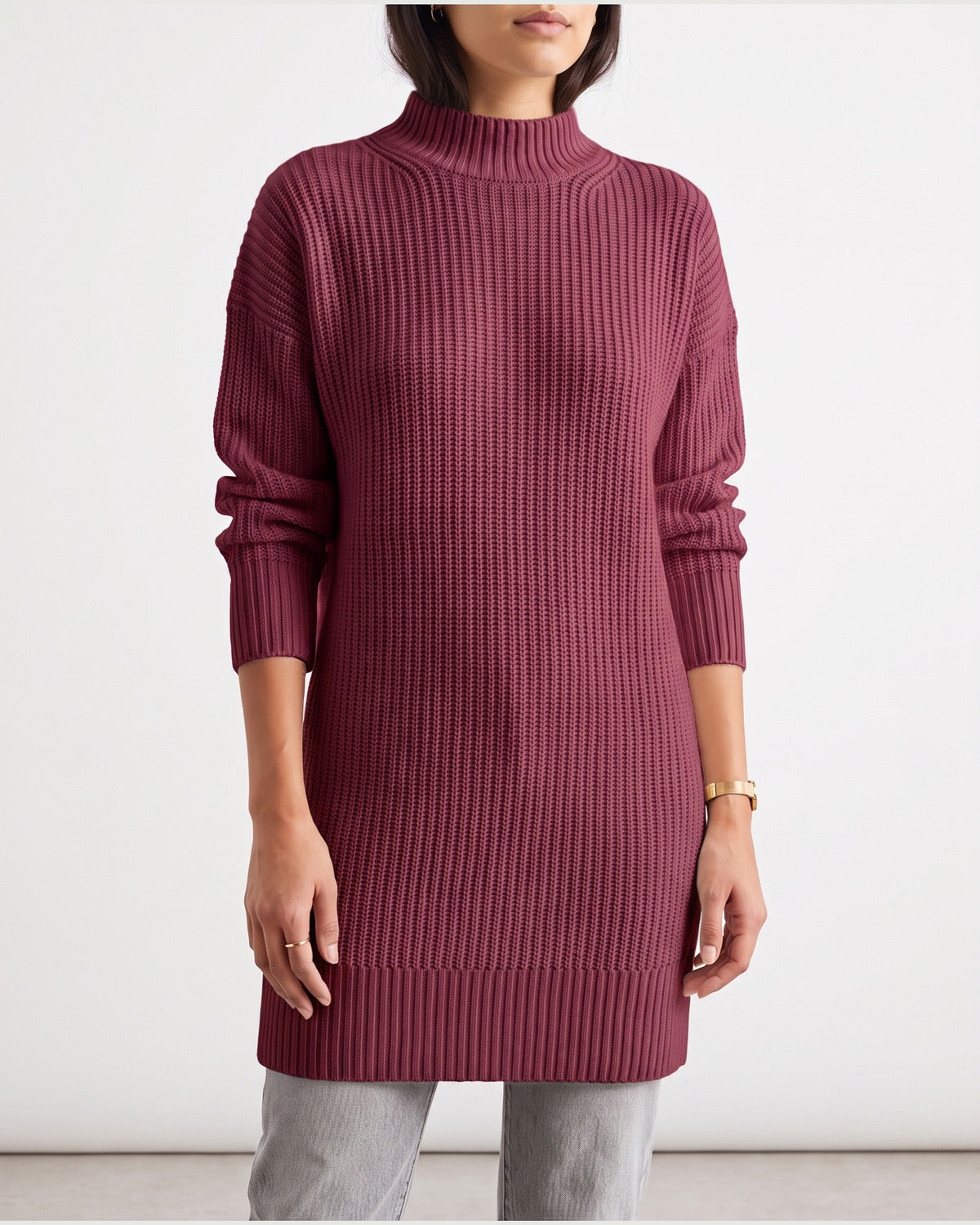 Ribbed Mock Neck Long Sleeve Sweater Dress in Burgundy