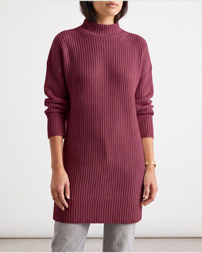 Ribbed Mock Neck Long Sleeve Sweater Dress in Burgundy