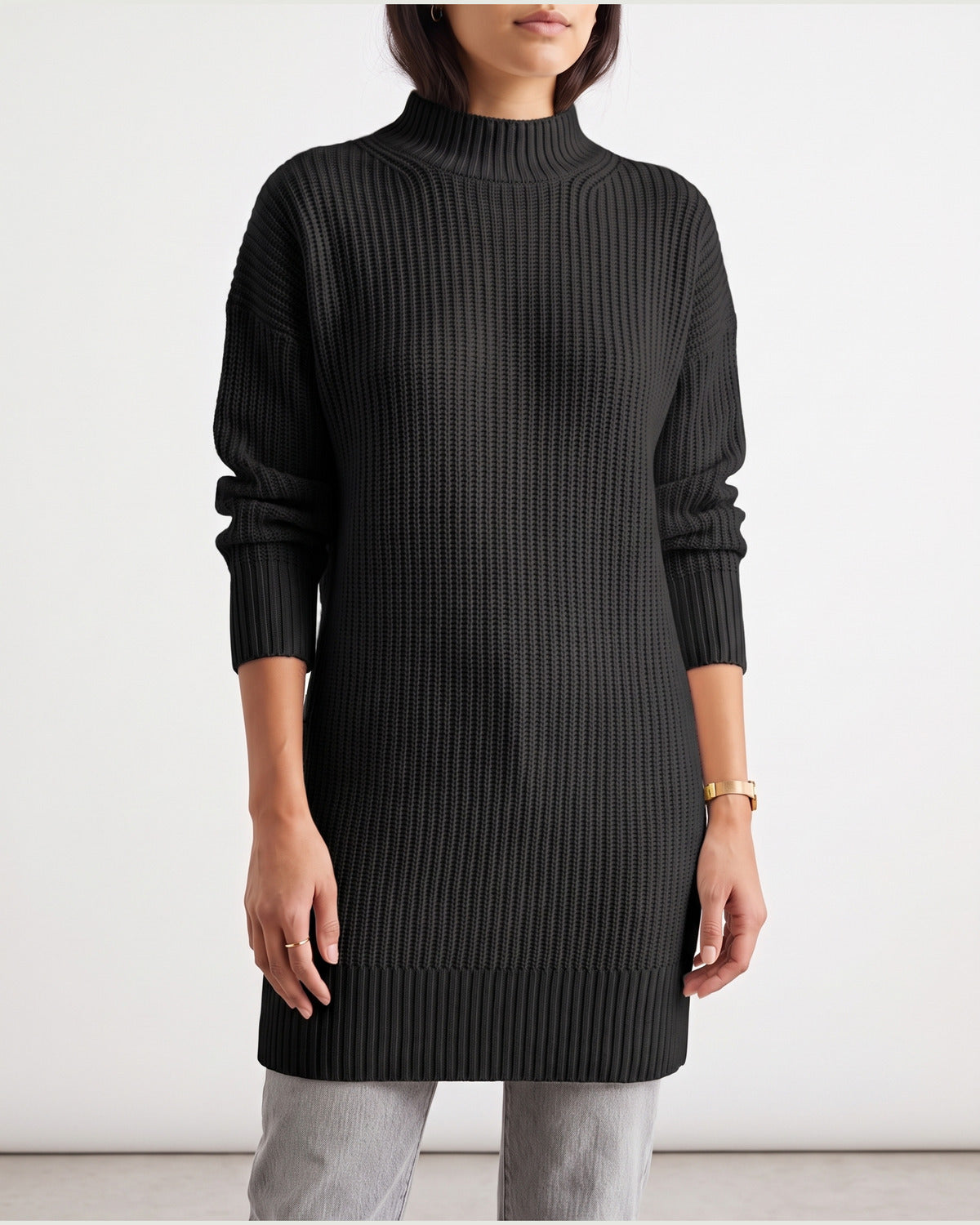 Ribbed Mock Neck Long Sleeve Sweater Dress in Black