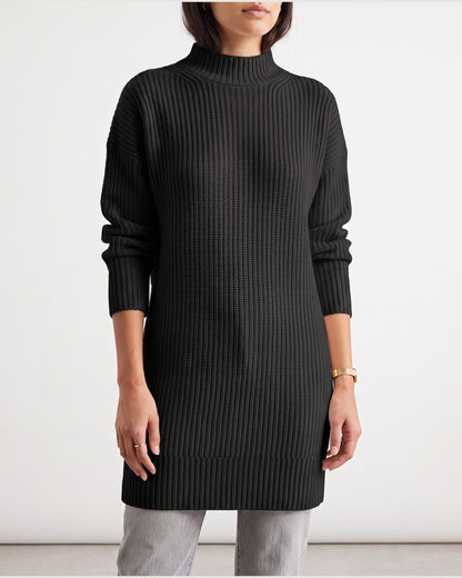 Ribbed Mock Neck Long Sleeve Sweater Dress in Black