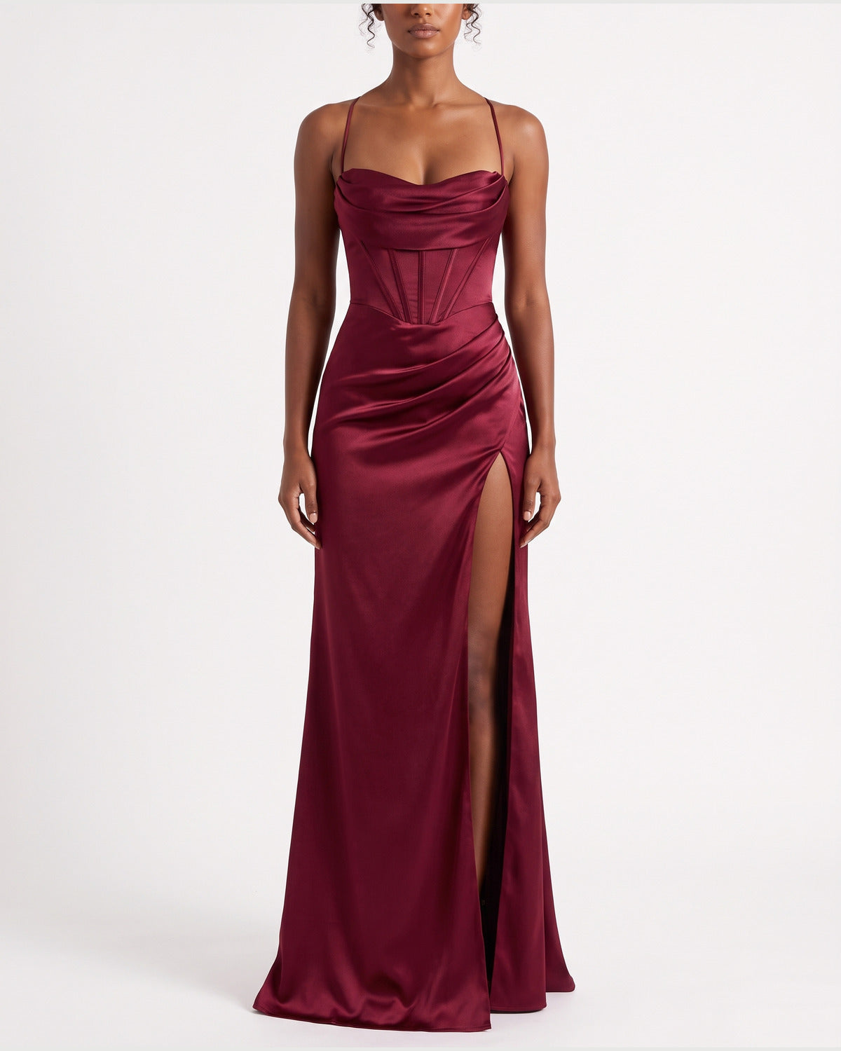 Satin Corset Maxi Holiday Party Dress With Thigh Slit in Wine Red