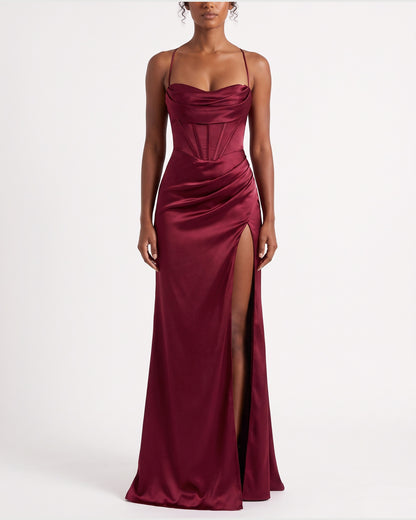 Satin Corset Maxi Holiday Party Dress With Thigh Slit in Wine Red