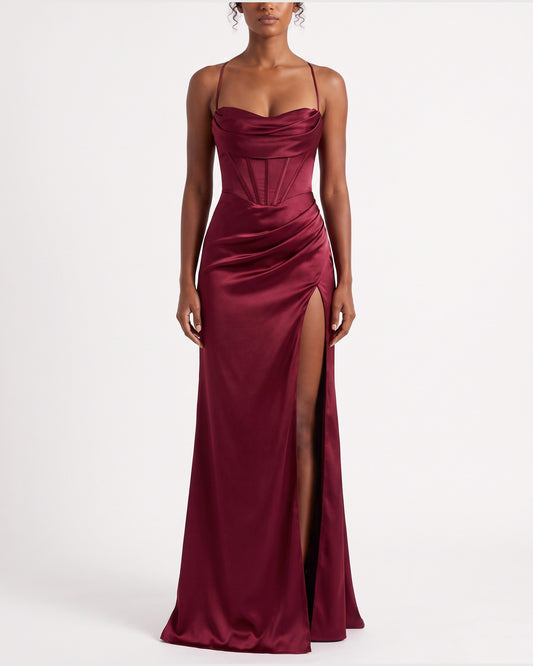 Satin Corset Maxi Holiday Party Dress With Thigh Slit in Wine Red