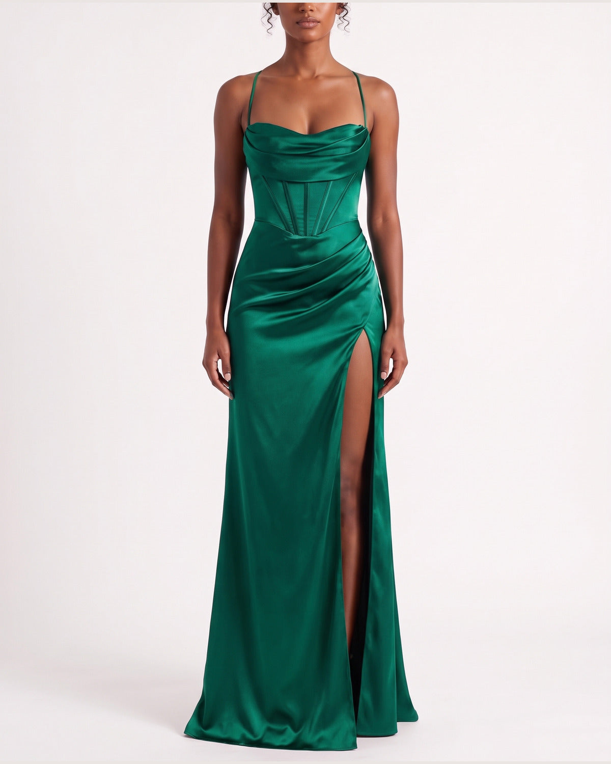 Satin Corset Maxi Holiday Party Dress With Thigh Slit in Emerald Green