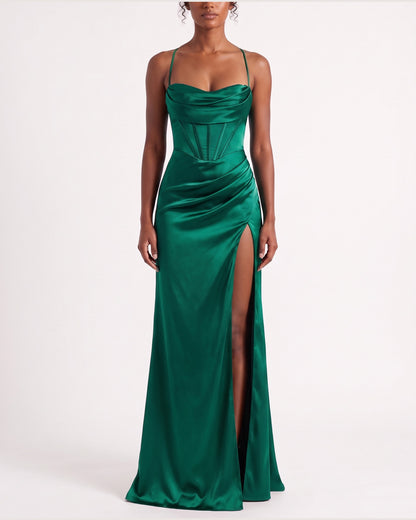 Satin Corset Maxi Holiday Party Dress With Thigh Slit in Emerald Green