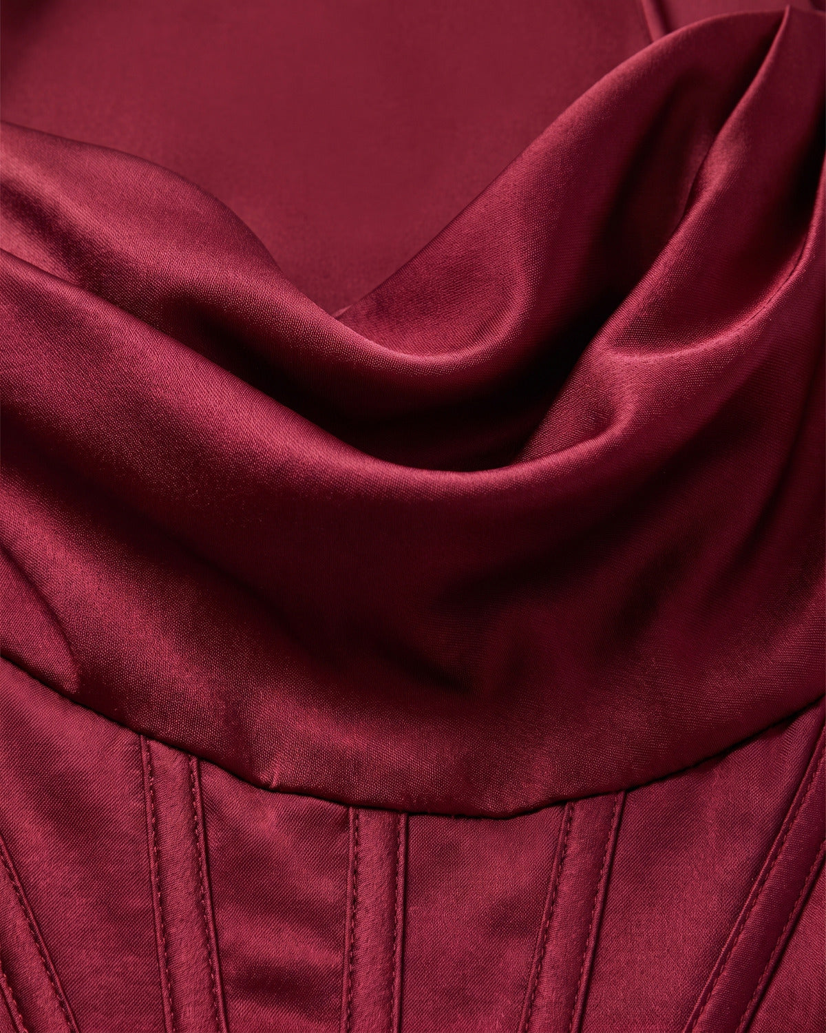 Satin Corset Maxi Holiday Party Dress With Thigh Slit - close-up detail (Wine Red)