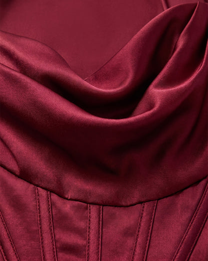 Satin Corset Maxi Holiday Party Dress With Thigh Slit - close-up detail (Wine Red)