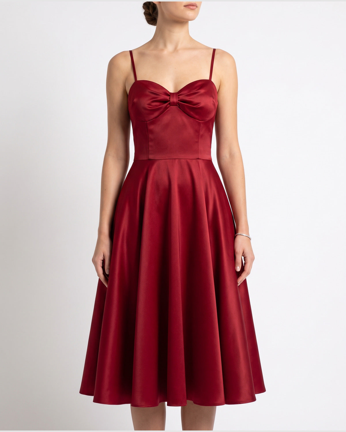 Satin Sweetheart Holiday Party Midi Dress With Spaghetti Straps in Deep Red
