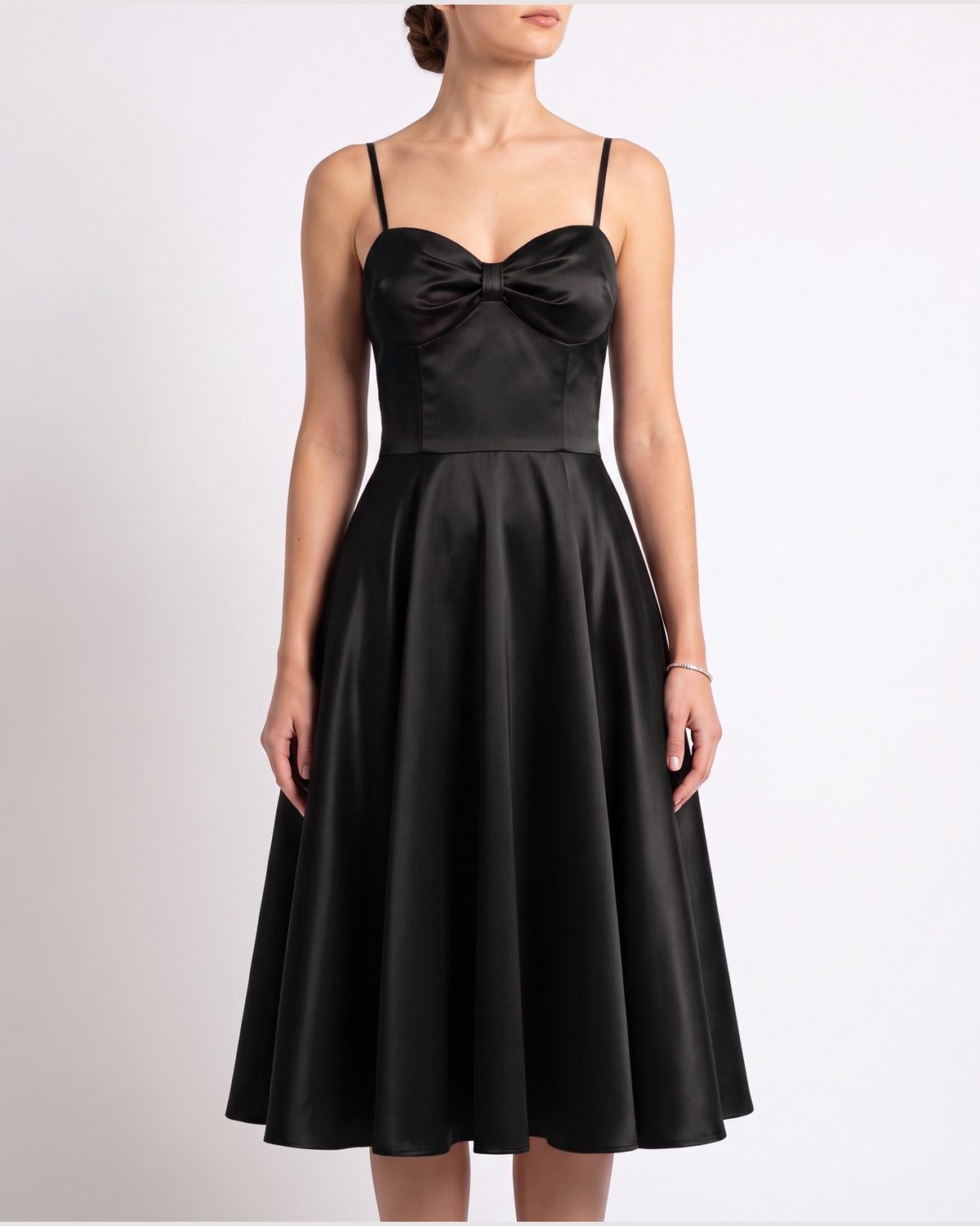 Satin Sweetheart Holiday Party Midi Dress With Spaghetti Straps in Black