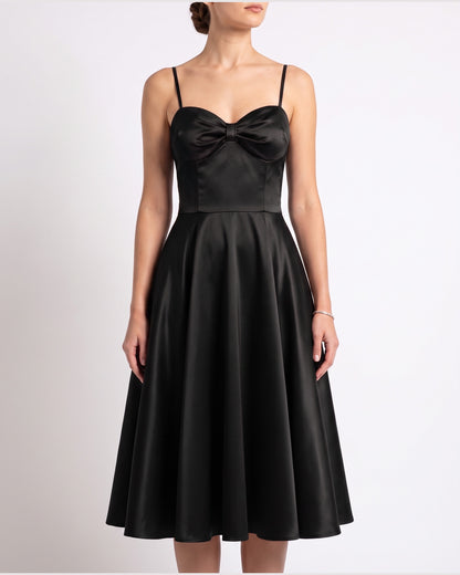 Satin Sweetheart Holiday Party Midi Dress With Spaghetti Straps in Black