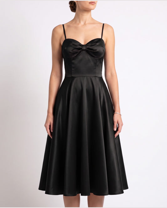 Satin Sweetheart Holiday Party Midi Dress With Spaghetti Straps in Black