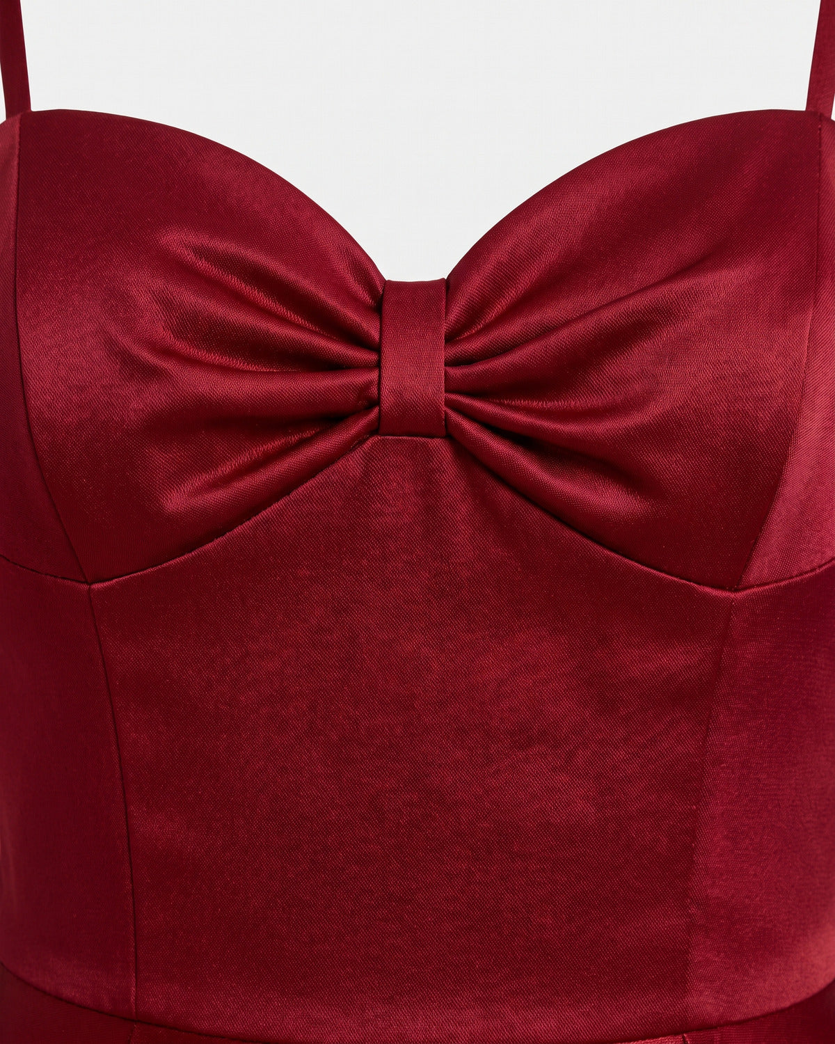 Satin Sweetheart Holiday Party Midi Dress With Spaghetti Straps - close-up detail (Deep Red)