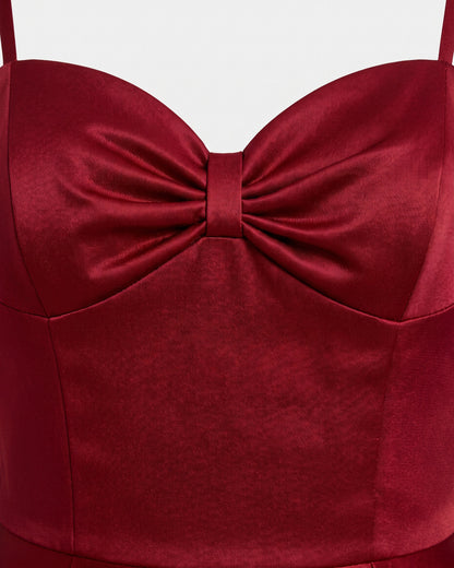 Satin Sweetheart Holiday Party Midi Dress With Spaghetti Straps - close-up detail (Deep Red)