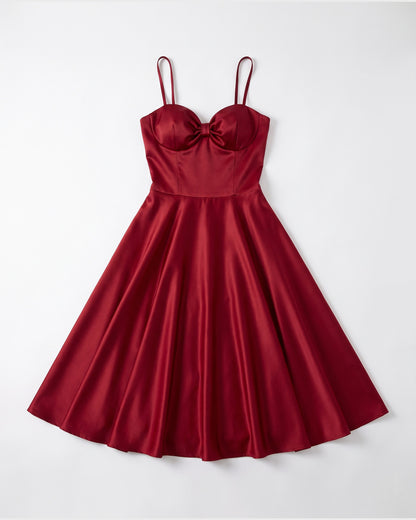 Satin Sweetheart Holiday Party Midi Dress With Spaghetti Straps - flat lay (Deep Red)