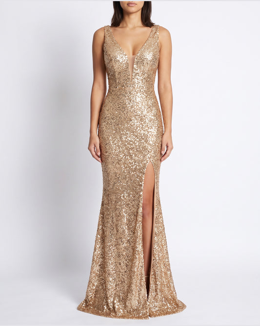 Sequin Mermaid Winter Formal Dress With Thigh Slit in Gold