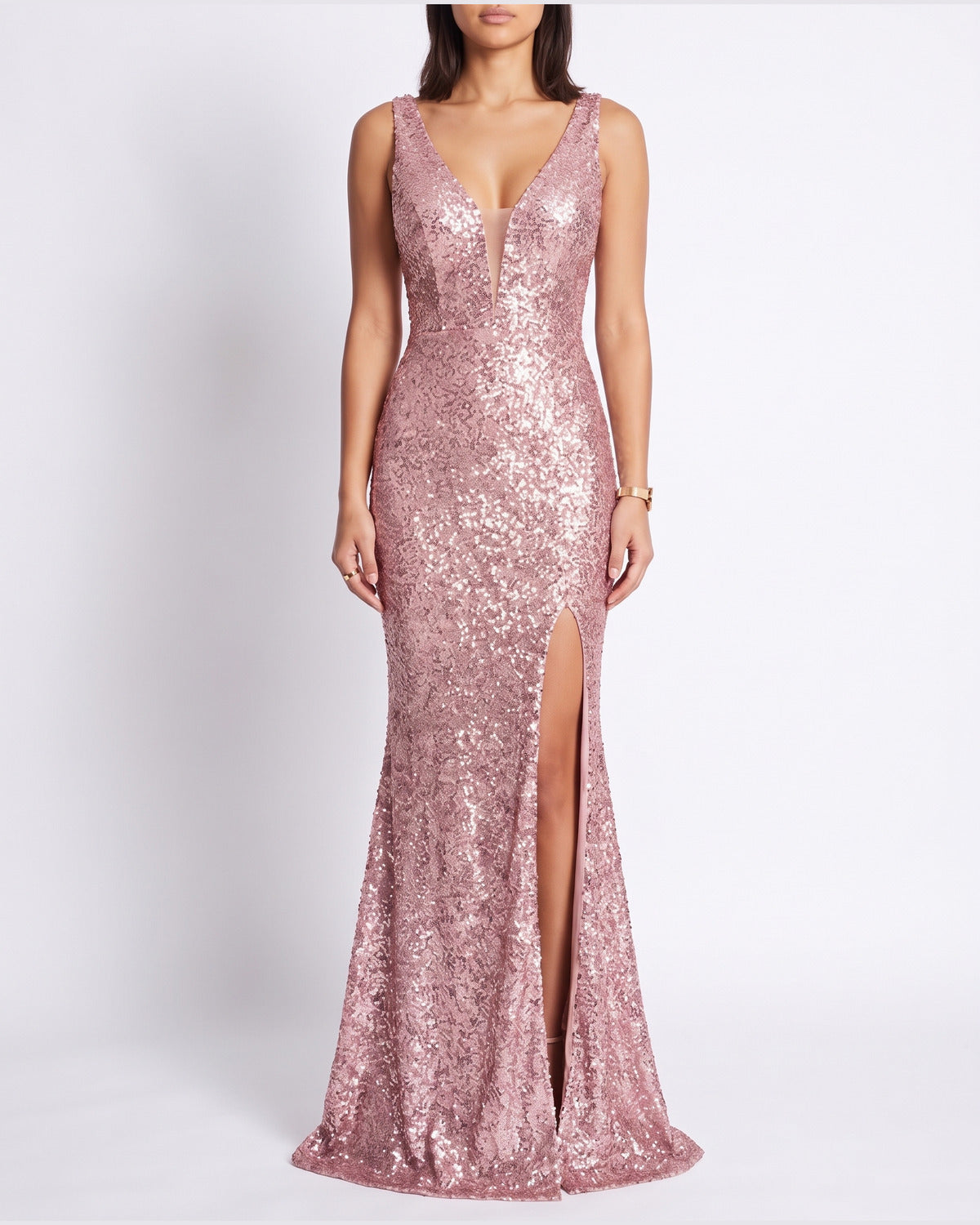 Sequin Mermaid Winter Formal Dress With Thigh Slit in Pink