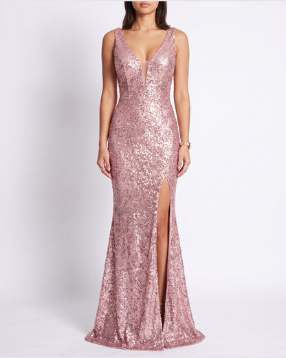 Sequin Mermaid Winter Formal Dress With Thigh Slit in Pink