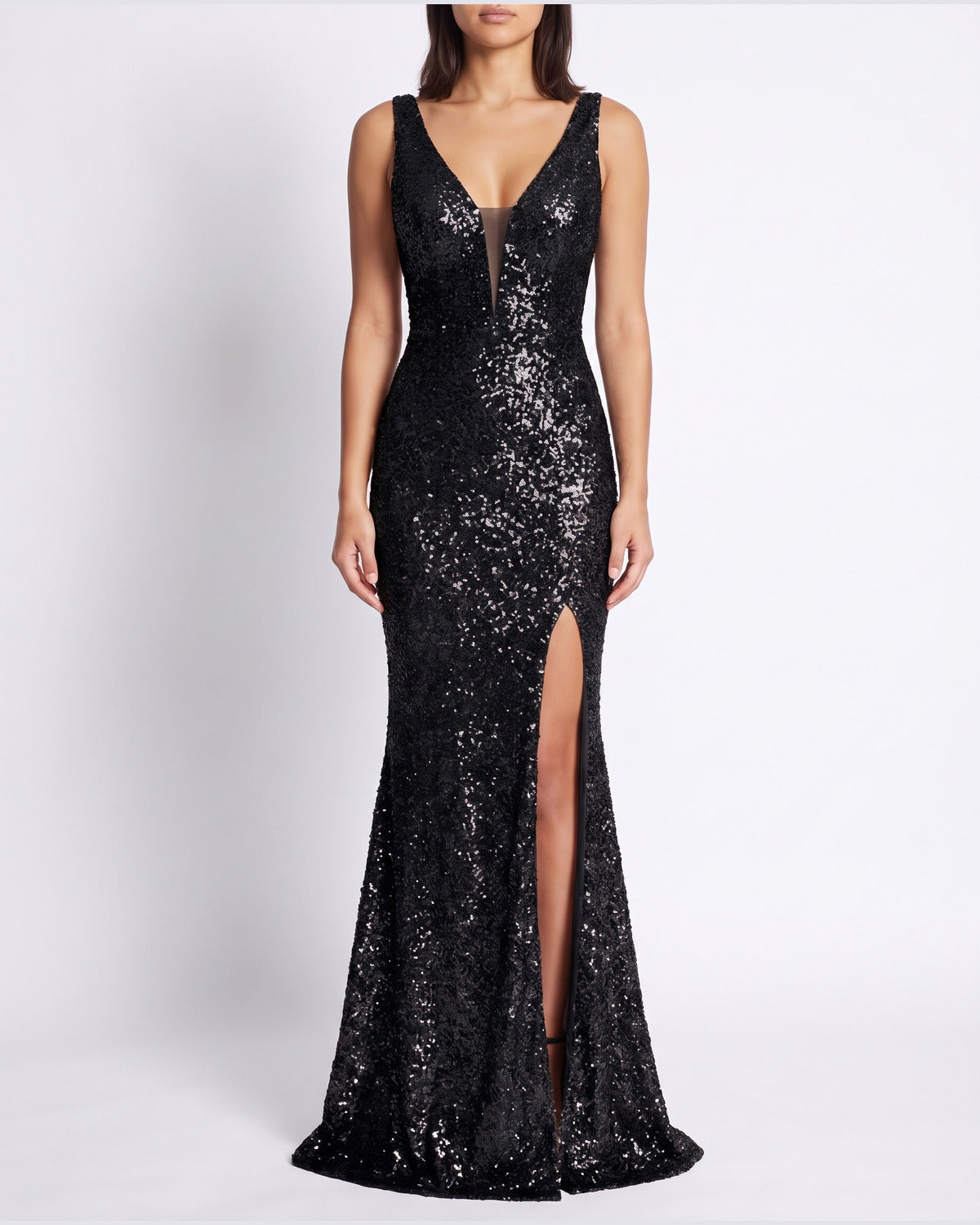 Sequin Mermaid Winter Formal Dress With Thigh Slit in Black