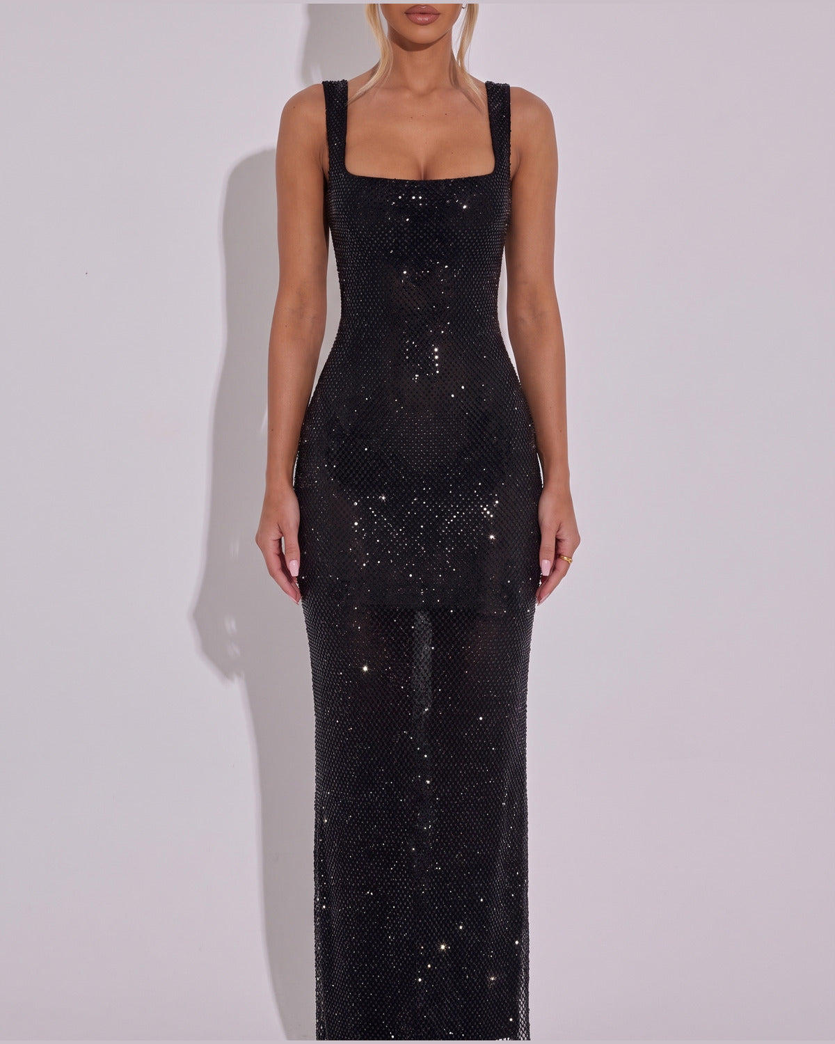 Sequin Winter Formal Maxi Dress With Square Neck in Black