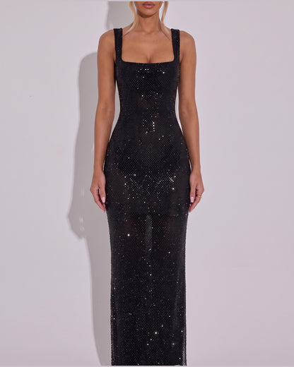Sequin Winter Formal Maxi Dress With Square Neck in Black