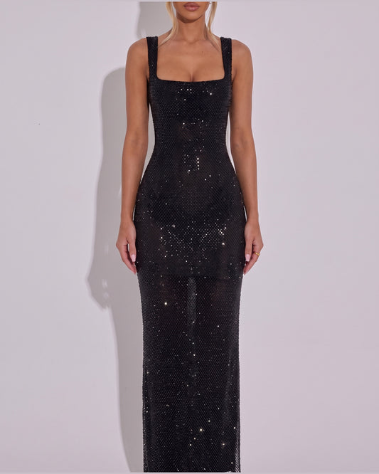 Sequin Winter Formal Maxi Dress With Square Neck in Black