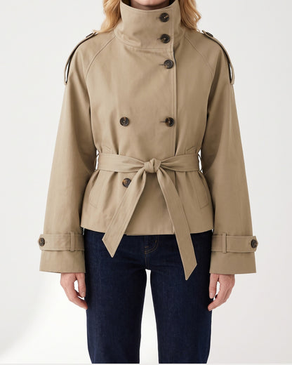 Short Double Breasted Trench Coat With Funnel Neck and Belt in Khaki Stone