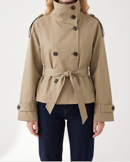 Short Double Breasted Trench Coat With Funnel Neck and Belt in Khaki Stone