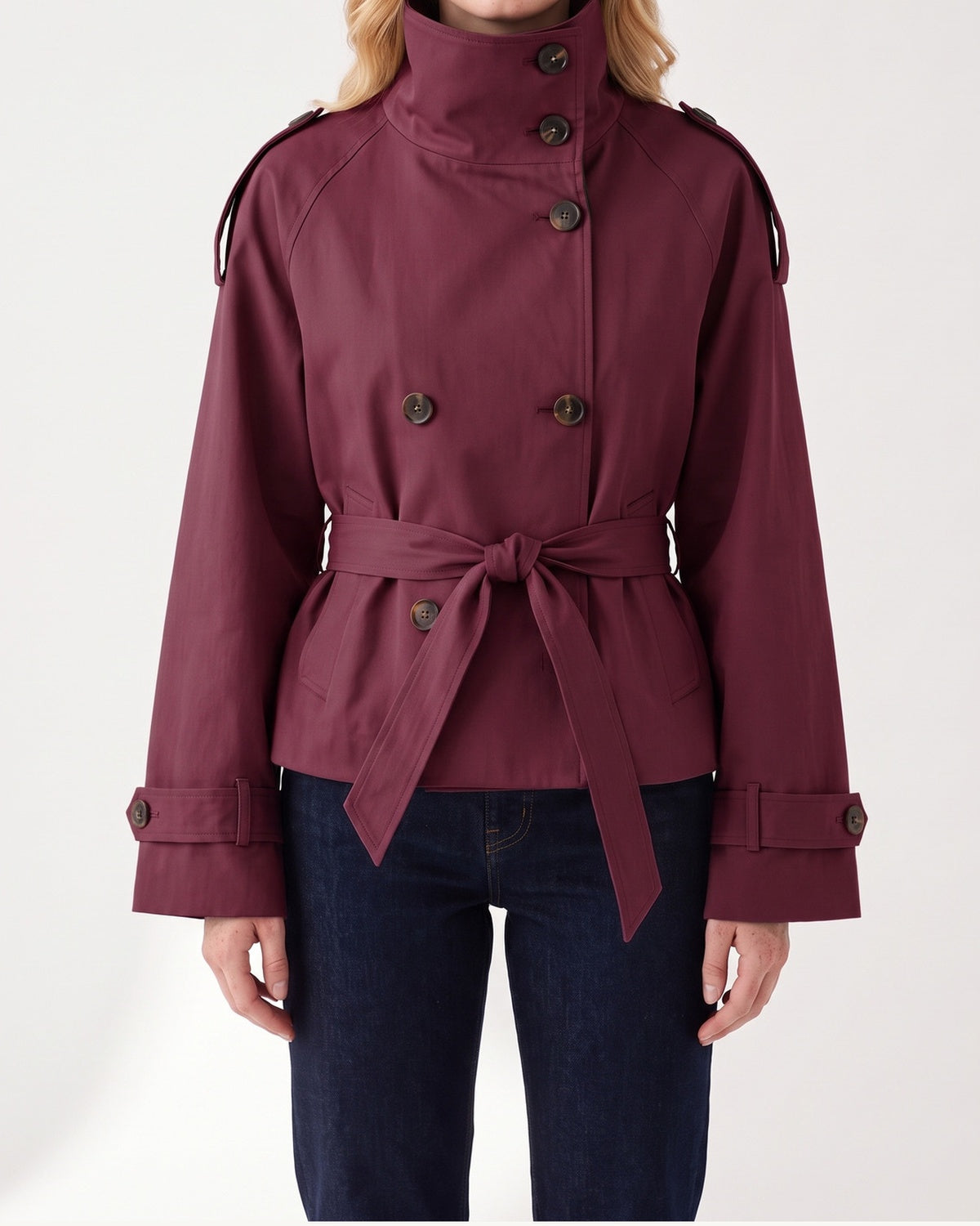 Short Double Breasted Trench Coat With Funnel Neck and Belt in Wine Red