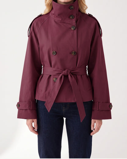 Short Double Breasted Trench Coat With Funnel Neck and Belt in Wine Red