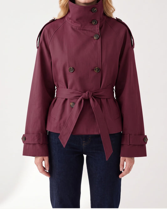 Short Double Breasted Trench Coat With Funnel Neck and Belt in Wine Red