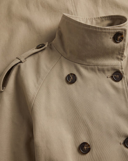 Short Double Breasted Trench Coat With Funnel Neck and Belt - close-up detail (Khaki Stone)